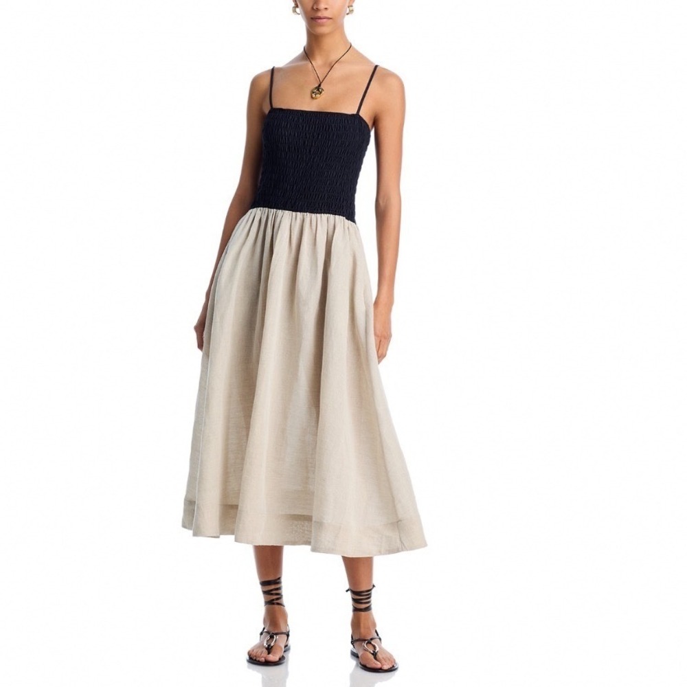 Ciao Lucia Mael Dress Oatmeal Black Smocked Linen Blend Midi Dress XL‎ NEW